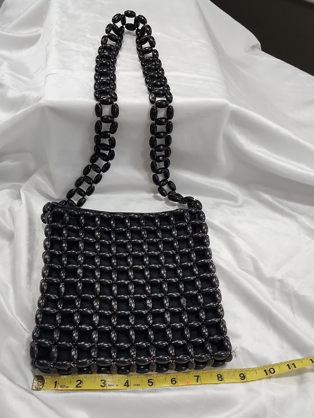 La Rue Wooden Beaded Handbag Square Grid-patterned. Zip Top. Crossbody